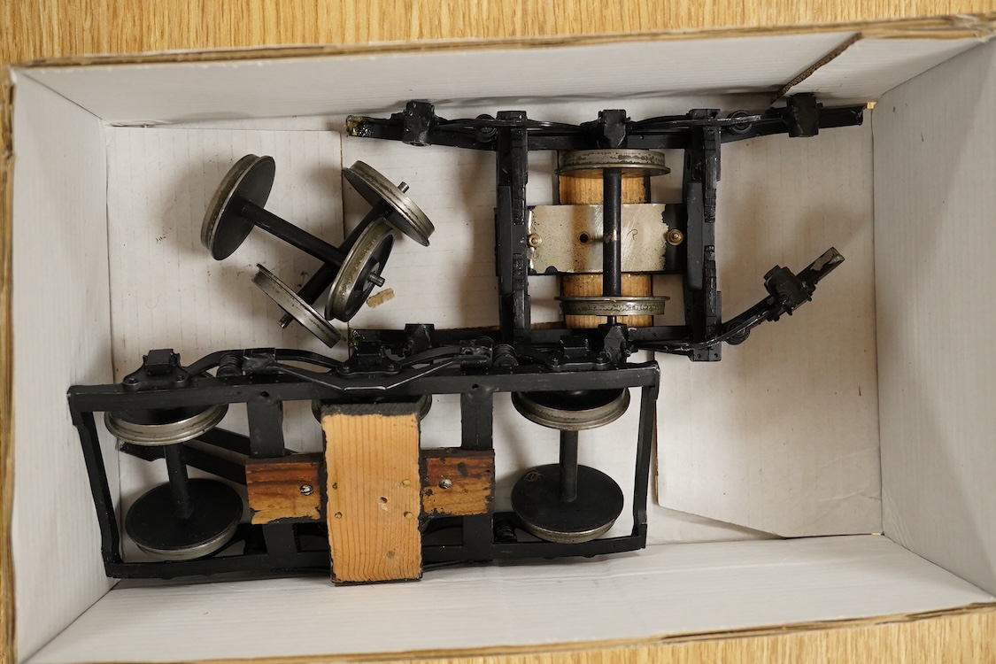 Two Gauge One bogie coaches; a Midland Railway clerestory coach, together with a 12-wheel Pullman car (bogies af), plus an American outline caboose, some scratch building and adaptation from kits, etc.